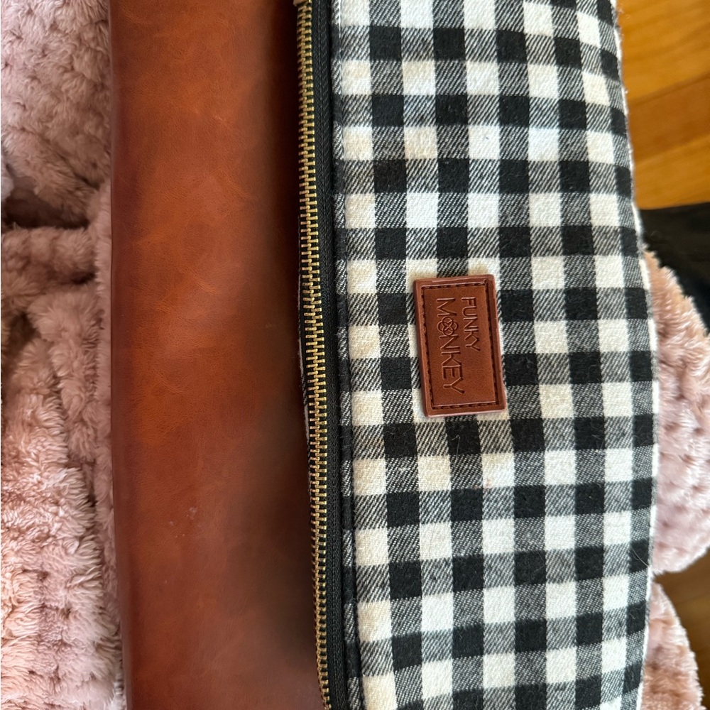 Black and White Plaid Clutch with Brown Accent